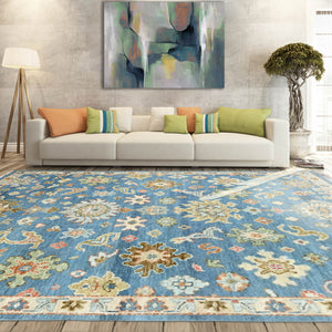 7' 8''x9' 10'' Blue Sage Light Gold Color Hand Knotted Indo Oushak  100% Wool Traditional Oriental Rug