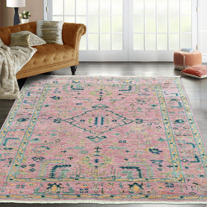 5' 5''x8' 3'' Pink Turquoise Teal Color Hand Knotted Indo Oushak  100% Wool Transitional Oriental Rug