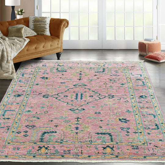 5x7 Pink LoomBloom Hand Knotted Transitional Patterned Oushak 100% Wool Oriental Area Rug