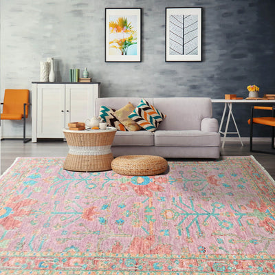 5' 6''x8' 5'' Pink Turquoise Aqua Color Hand Knotted Indo Oushak  100% Wool Arts & Crafts Oriental Rug