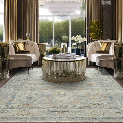 8' 1''x9' 10'' Gray Beige Blue Color Hand Knotted Indo Oushak  100% Wool Arts & Crafts Oriental Rug