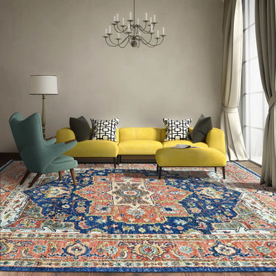 7' x9' 11'' Navy Burnt Orange Green Color Hand Knotted Indo Oushak  100% Wool Arts & Crafts Oriental Rug
