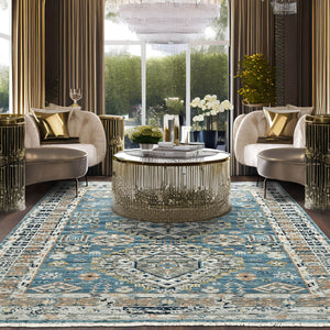 6' x8' 10'' Blue Beige Charcoal Color Hand Knotted Indo Oushak  100% Wool Arts & Crafts Oriental Rug
