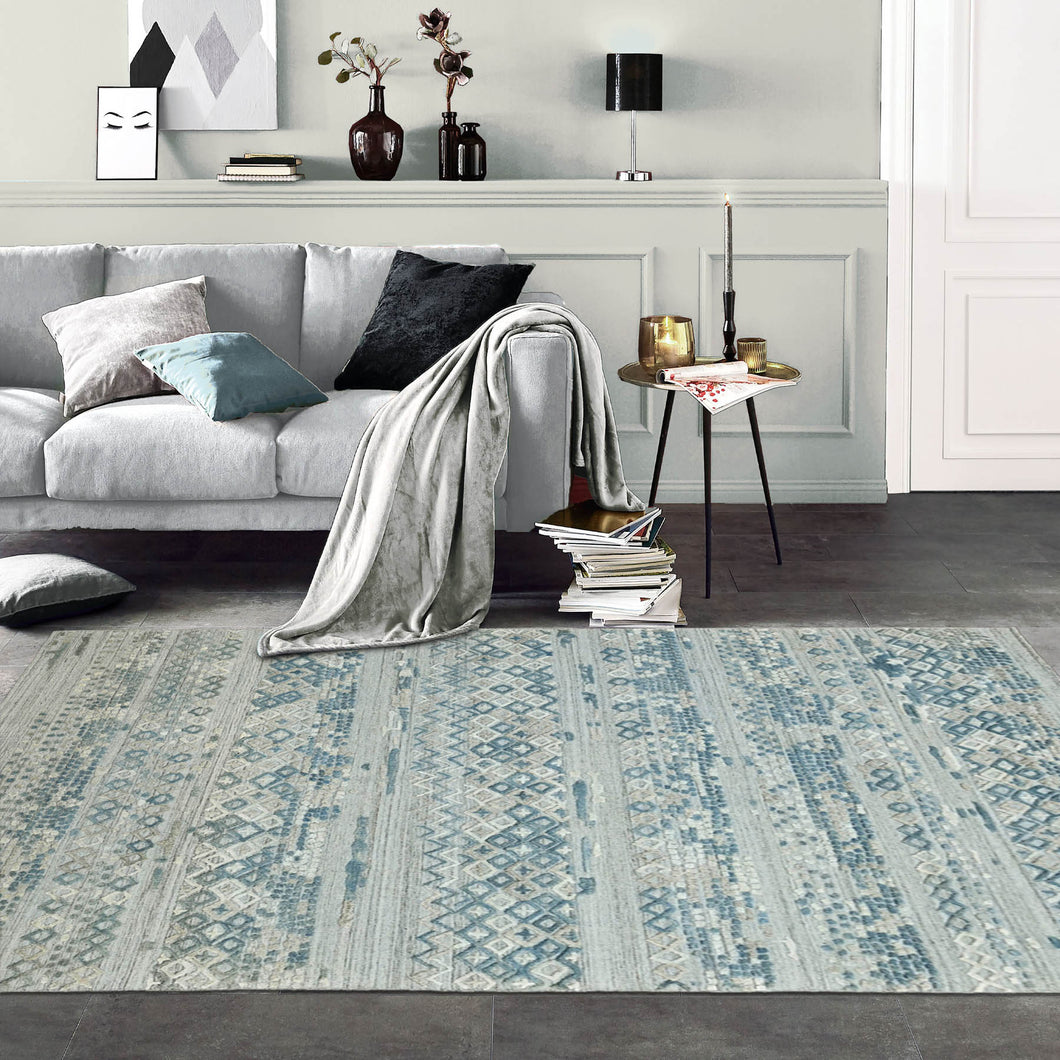 6' x8' 11'' Gray Blue Color Hand Knotted Tibetan 100% Wool Modern & Contemporary Oriental Rug