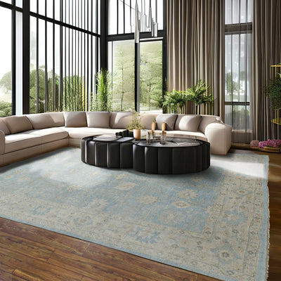 9' x11' 8'' Blue Beige toupe Color Hand Knotted Indo Oushak  100% Wool Traditional Oriental Rug