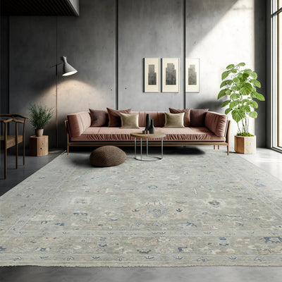 9' 1''x11' 10'' Gray Beige Blue Color Hand Knotted Afghan  Oushak  100% Wool Traditional Oriental Rug