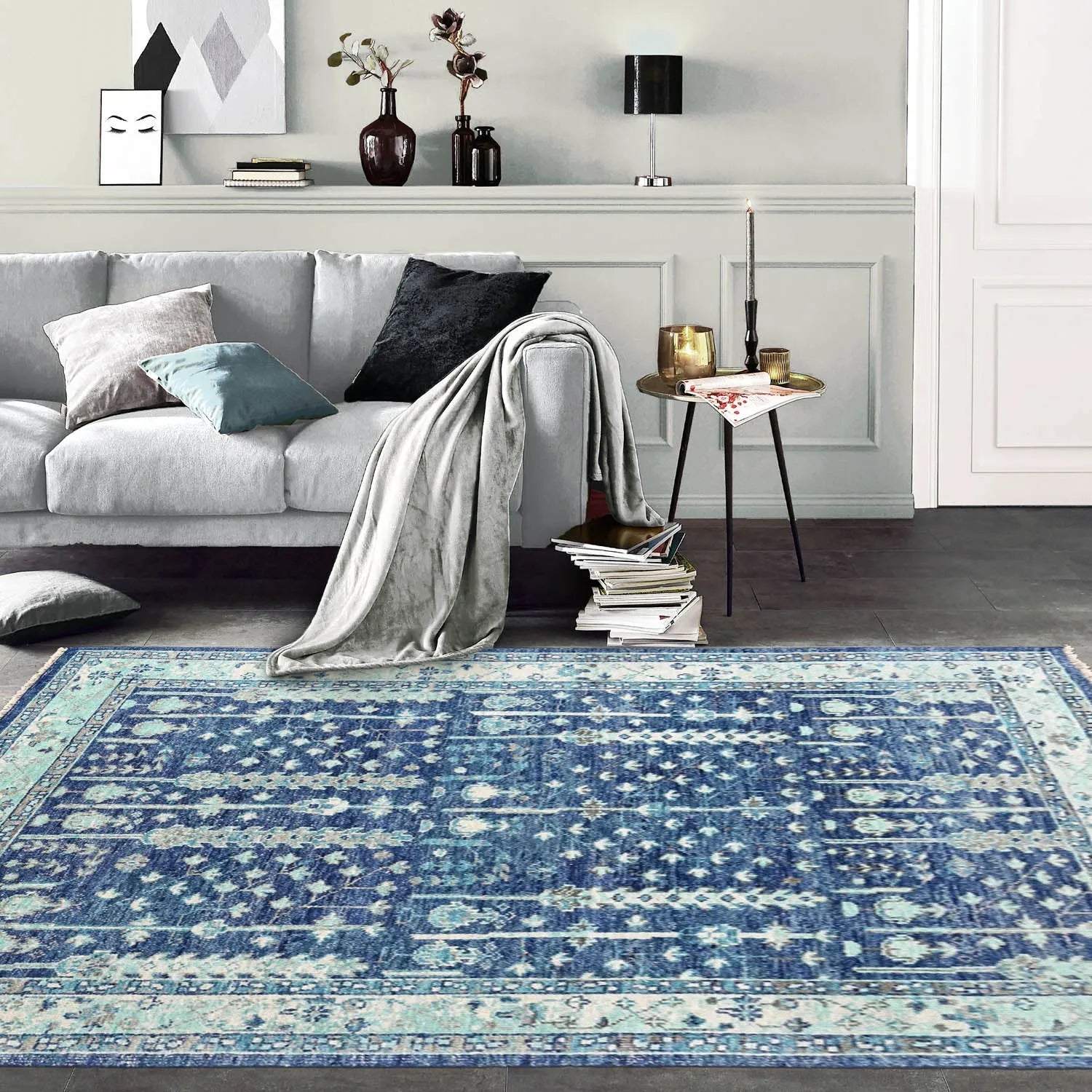 Multi Size Blue Hand Knotted Wool Turkish Oushak Oriental Area Rug