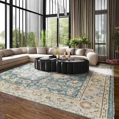 9' 4''x11' 11'' Blue Taupe Beige Color Hand Knotted Afghan  Oushak  100% Wool Traditional Oriental Rug