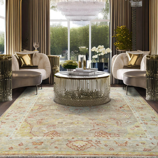 9x12 Tan, Beige Hand Knotted Afghan Oushak 100% Wool Oushak Traditional Oriental Area Rug