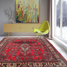 7' 1''x7' 10'' Red Ivory Blue Color Hand Knotted Persian 100% Wool Traditional Oriental Rug