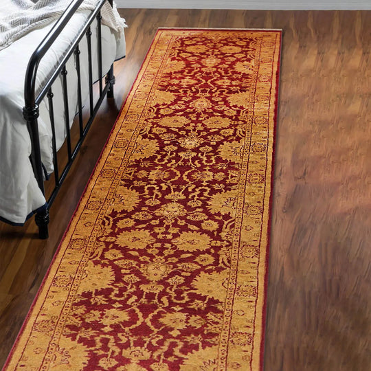 2'6''x11'10'' Runner Rusty Red, Gold Color Hand Knotted Persian 100% Wool Chobi Peshawar Traditional Oriental Area Rug