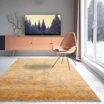 6' x9'  Aqua Gold Beige Color Hand Knotted Oushak 100% Wool Traditional Oriental Rug