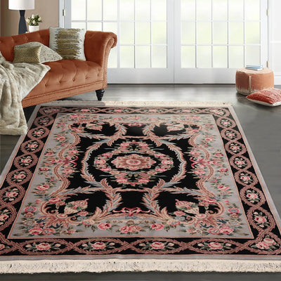 5' 9''x8' 9'' Black powder Blue Green Color Hand Knotted Aubusson Savonnerie 100% Wool Traditional Oriental Rug