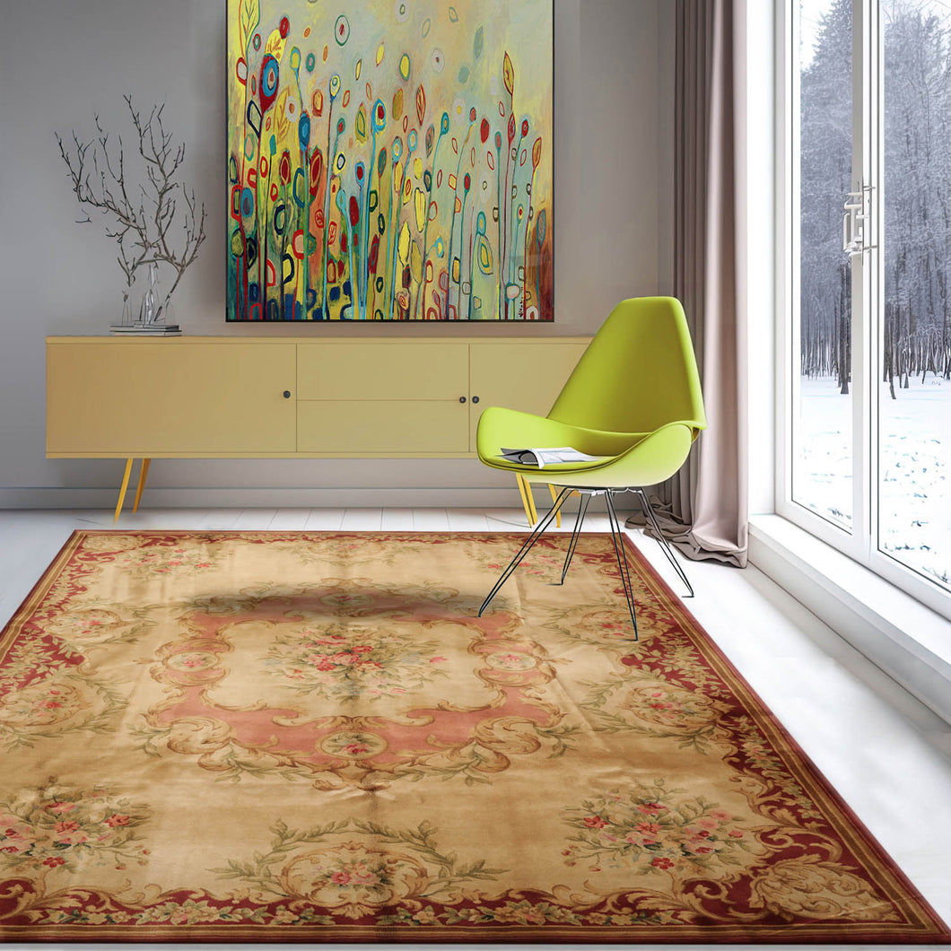 8'9''x11'6''Gold Rose Raspberry Color Hand Knotted Savonnerie 100% Wool Traditional Oriental Rug