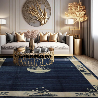 8'11''x11'6''Navy Blue Ivory Moss Color Hand Knotted Tibetan 100% Wool Art Deco Oriental Rug