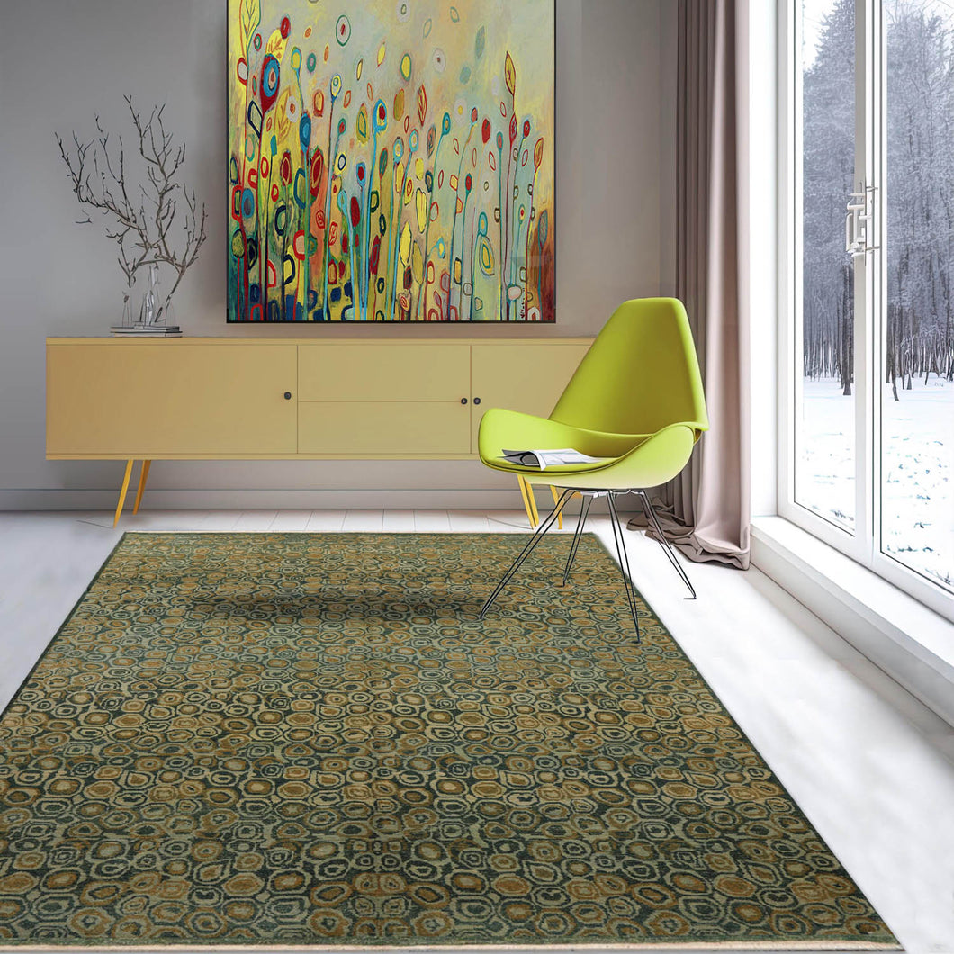 6'2''x9' Green Beige Gold Color Hand Knotted Tibetan Wool and Silk Traditional Oriental Rug