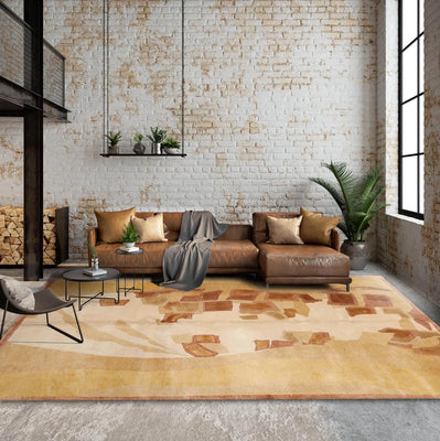 6'x9' Beige Gold Tan Color Hand Knotted Tibetan Wool and Silk Modern & Contemporary Oriental Rug