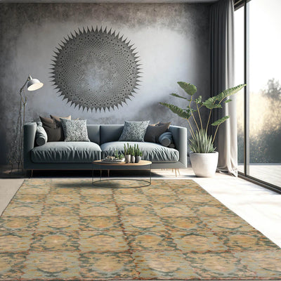 6'x9' Aqua Teal Gold Color Hand Knotted Tibetan 100% Wool Traditional Oriental Rug