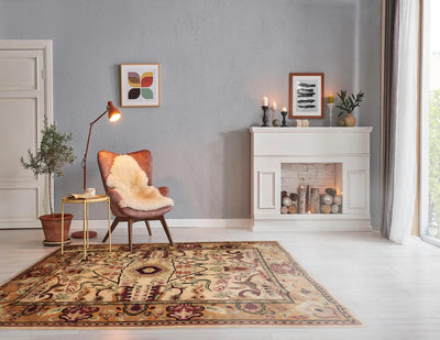 5'7'' x 7'10'' Beige Tan Rust Color Hand Knotted Tibetan 100% Wool Traditional Oriental Rug