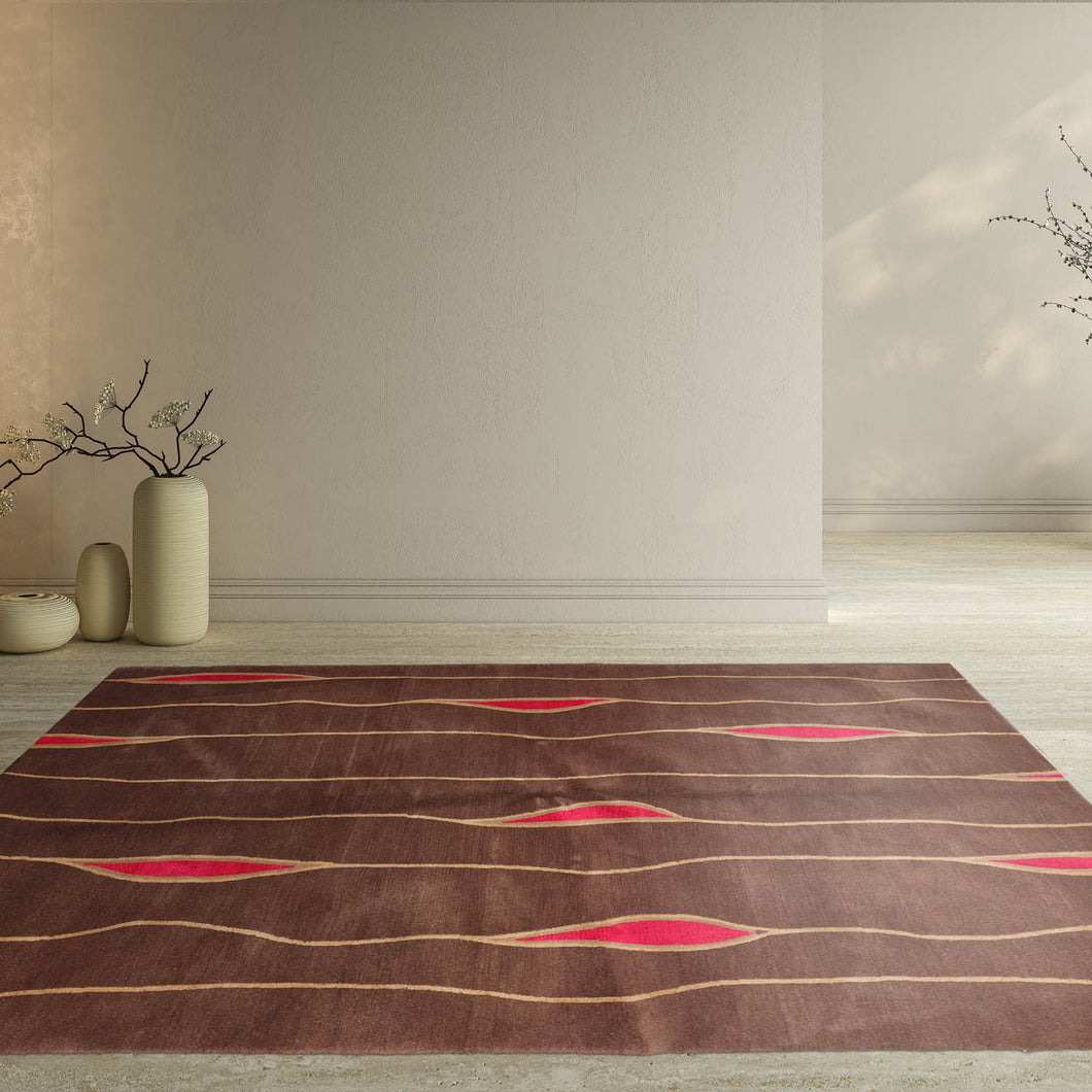 5' x7'  Brown Light Gold Fuchsia Color Hand Knotted Tibetan 100% Wool Modern & Contemporary Oriental Rug