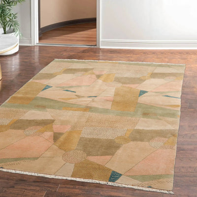 3'10'' x 6'3'' Beige Mint Rose Color Hand Knotted Tibetan 100% Wool Modern & Contemporary Oriental Rug