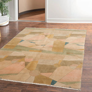 3'10'' x 6'3'' Beige Mint Rose Color Hand Knotted Tibetan 100% Wool Modern & Contemporary Oriental Rug