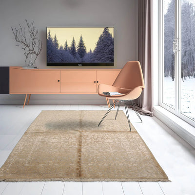 4'3'' x 5'10'' Ivory Gray Gold Color Hand Knotted Tibetan 100% Wool Modern & Contemporary Oriental Rug