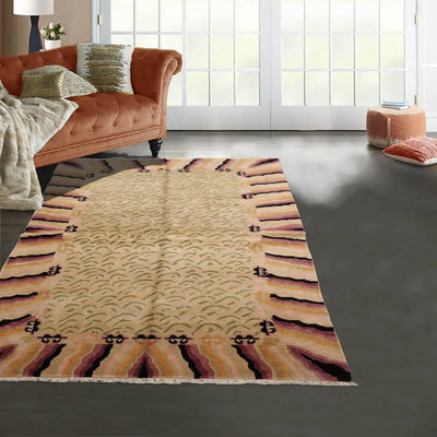 3'11'' x 7'  Beige Sage Aubergine Color Hand Knotted Tibetan 100% Wool Modern & Contemporary Oriental Rug