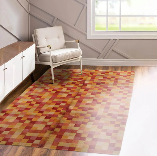 5x7 Raspberry, Gold Hand Knotted Tibetan 100% Wool Michaelian & Kohlberg Modern & Contemporary Oriental Area Rug