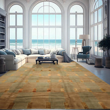 9'11'' x 14'  Moss Tan Gold Color Hand Knotted Tibetan Wool and Silk Transitional Oriental Rug