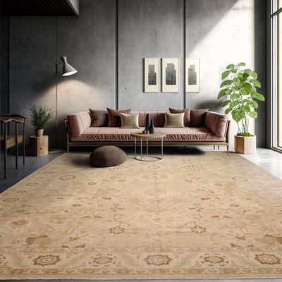 11' 9''x17' 1'' Beige Ivory Brown Color Hand Knotted Oushak 100% Wool Traditional Oriental Rug