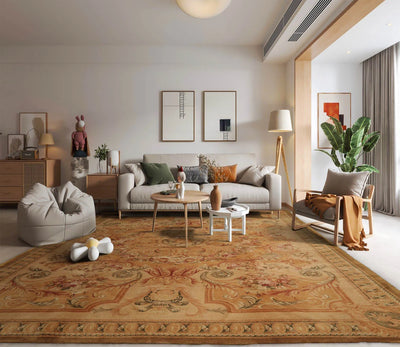 10' x14'  Tan Light Gold Rust Color Hand Knotted French Aubusson  100% Wool Traditional Oriental Rug
