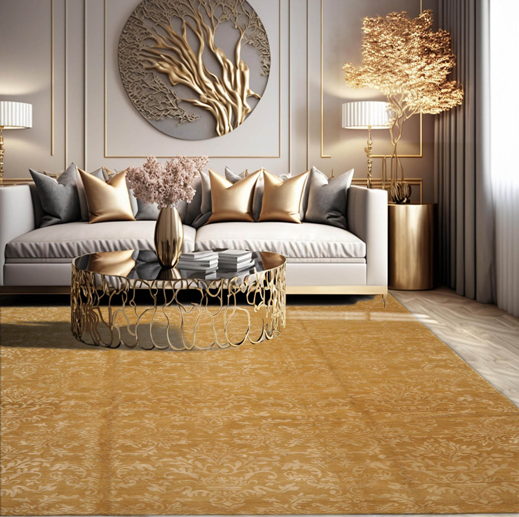 9' x12'  Tone On Tone Gold Color Hand Knotted Tibetan Wool and Silk Transitional Oriental Rug