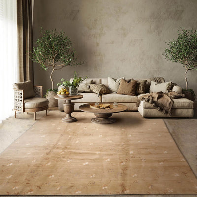 9' x12'  Beige Brown Ivory Color Hand Knotted Tibetan Wool and Silk Transitional Oriental Rug