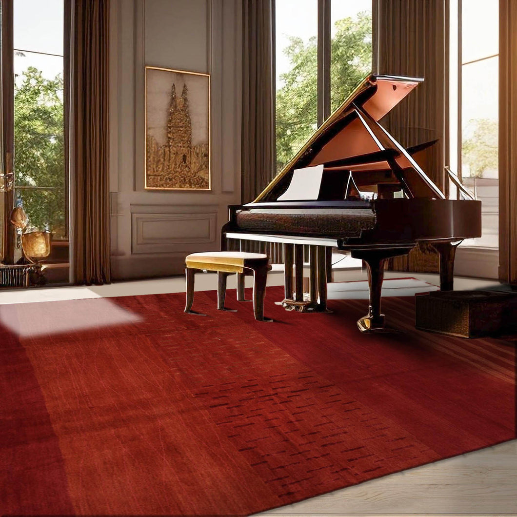 9' x12'  Raspberry Burnt Orange Gold Color Hand Knotted Tibetan Wool and Silk Modern & Contemporary Oriental Rug