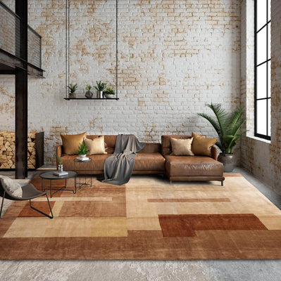 9' x11' 11'' Beige Brown Caramel Color Hand Knotted Tibetan Wool and Silk Modern & Contemporary Oriental Rug