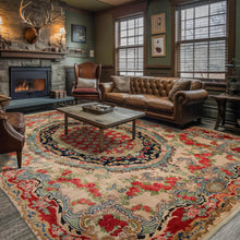 10' 3''x13' 3'' Beige Navy Turquoise Color Hand Knotted Caucasian  100% Wool Traditional Oriental Rug