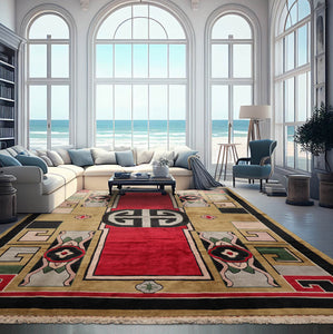 10' x13' 5'' Pistacchio Red Black Color Hand Knotted Tibetan 100% Wool Art Deco Oriental Rug