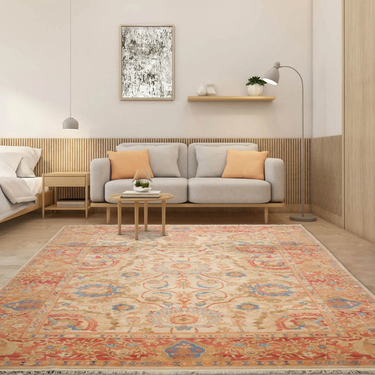 9x12 Ivory, Rose Hand Knotted Turkish Oushak 100% Wool Arts & Crafts Oriental Area Rug