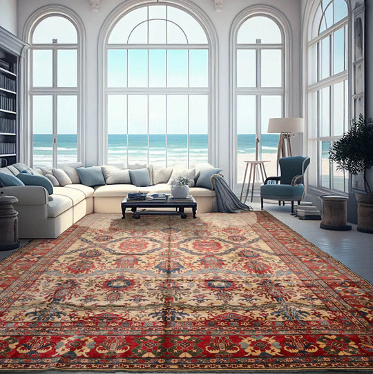 13' 9''x18' Palace Beige, Coral Hand Knotted 100% Wool Kazakh Traditional Oriental Area Rug