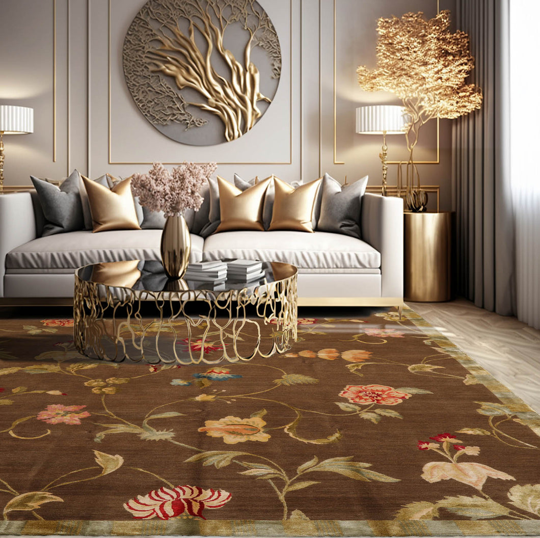 8' 2''x10' 2'' Brown Gold Peach Color Hand Knotted Tibetan Wool and Silk Traditional Oriental Rug