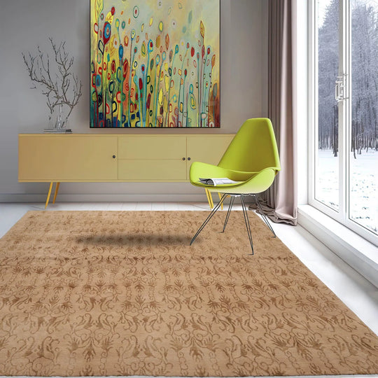 8'x8'5'' Square Beige, Gold Hand Knotted Tibetan Wool and Silk Transitional Oriental Area Rug
