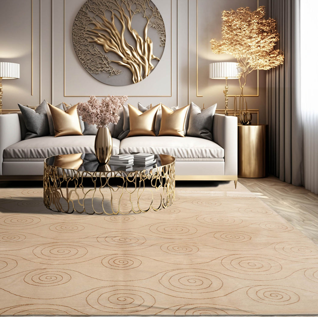 8' 6''x9' 6'' Beige Gold Color Hand Knotted Tibetan Wool and Silk Modern & Contemporary Oriental Rug