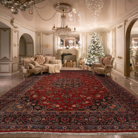 12' 5''x17' 2'' Palace Orange, Midnight Blue Hand Knotted 100% Wool Kashan Traditional Oriental Area Rug Burnt