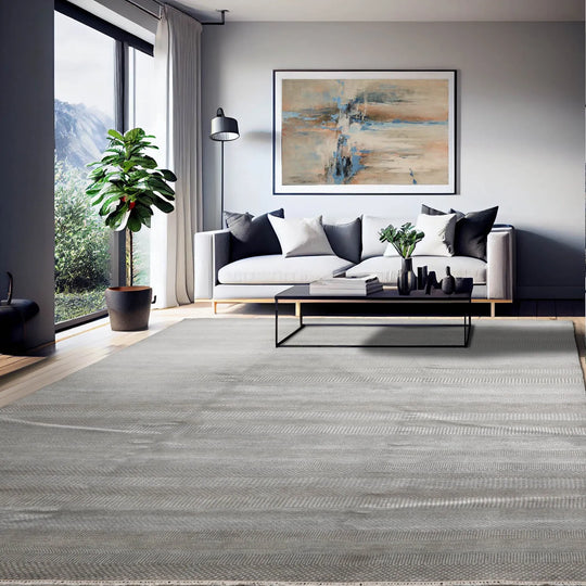 LoomBloom 8x10 Tone On Tone Gray Hand Knotted Tibetan Wool and Silk Tibetan Modern & Contemporary Oriental Area Rug