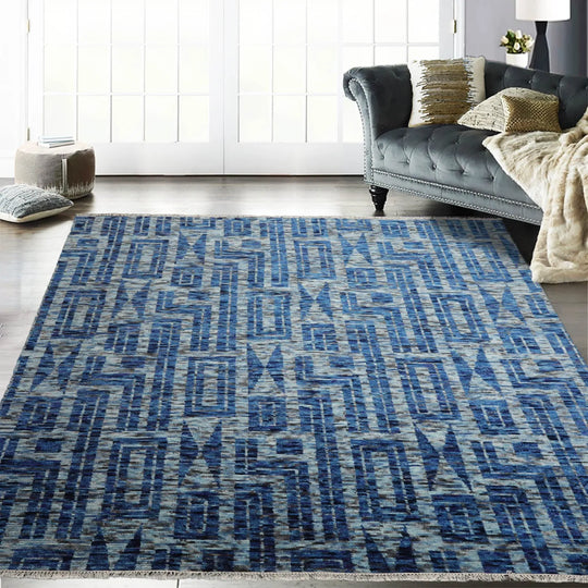 LoomBloom 8x10 Blue, Gray Hand Knotted Tibetan 100% Wool Modern & Contemporary Oriental Area Rug