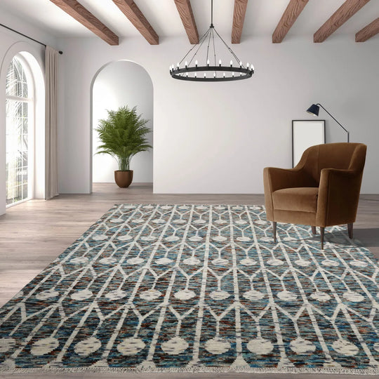 LoomBloom 8x10 Ivory, Turquoise Hand Knotted 100% Wool Oushak Art Deco Oriental Area Rug