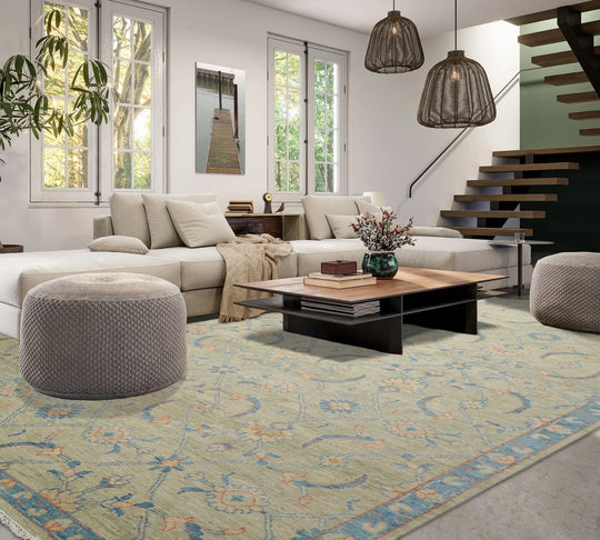 9x12 Hand Knotted All-Over Wool Oushak Traditional  Oriental Area Rug Mint,Blue Color