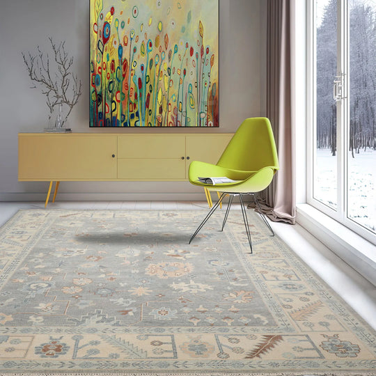 9x12 Hand Knotted All-Over Wool Oushak Traditional  Oriental Area Rug Gray,Ivory Color