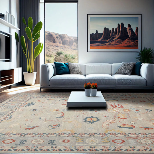 9x12 Hand Knotted All-Over Wool Oushak Arts & Crafts  Oriental Area Rug Gray,Beige Color